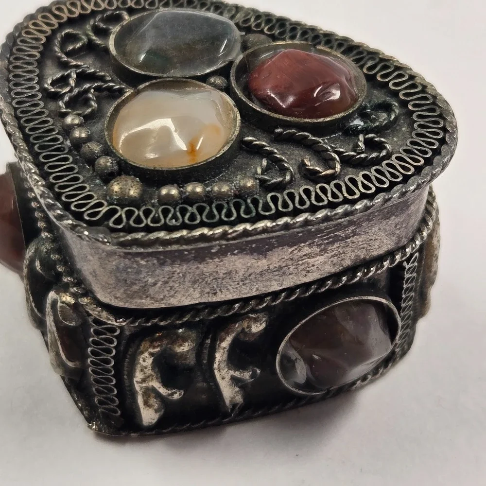 Tiny Vintage Indian Stone Trinket Box Mini Jewelry Ring Box Boho Decor